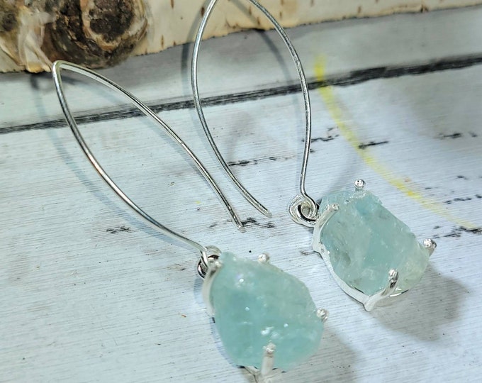 Natural Raw Rough Cut Aquamarine .925 Sterling Silver Designer Earrings Marquise Shape Ear Wire Gift for Her Genuine Aquamarine DA39