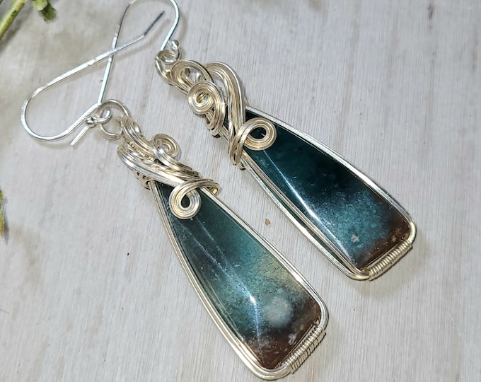Multi Color Opalized Earrings, Opalized Sterling Silver Wire Wrapped Earrings, Petrified Wood Earrings, Handmade Earrings, Gift for Her GS39