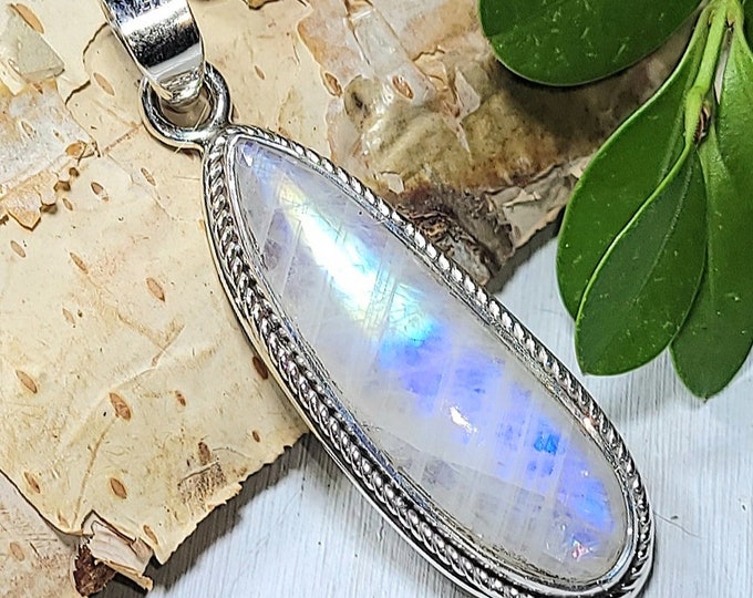 Natural Top Grade Multi Flash Rainbow Moonstone .925 Sterling Silver Pendant 1 13/16" x 1/2" 7 Grams AB24