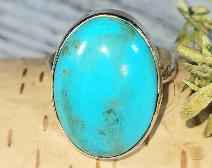 Arizona Turquoise Sterling Silver Ring Size 8.75, Oval Arizona Turquoise Ring; JS