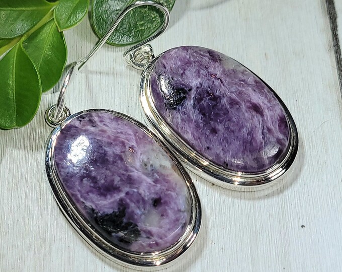 Natural High Grade Charoite Handmade Oval .925 Sterling Silver Earrings 15 Grams 1 3/4" x 3/4" AP35