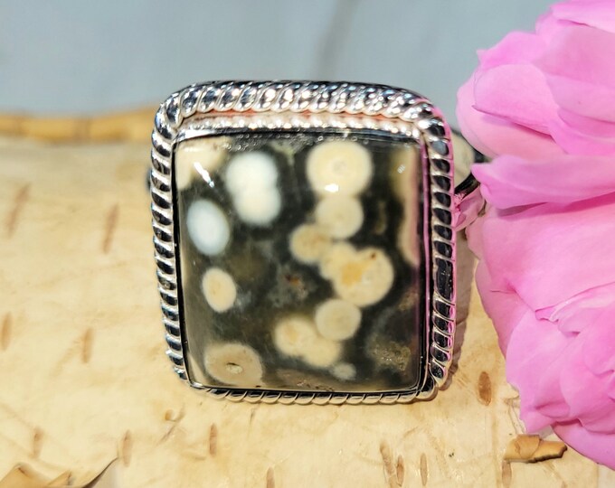 Natural High Grade Ocean Jasper Rectangle .925 Sterling Silver Ring Size 9 High Quality Ocean Jasper Genuine Stones Gift for Her