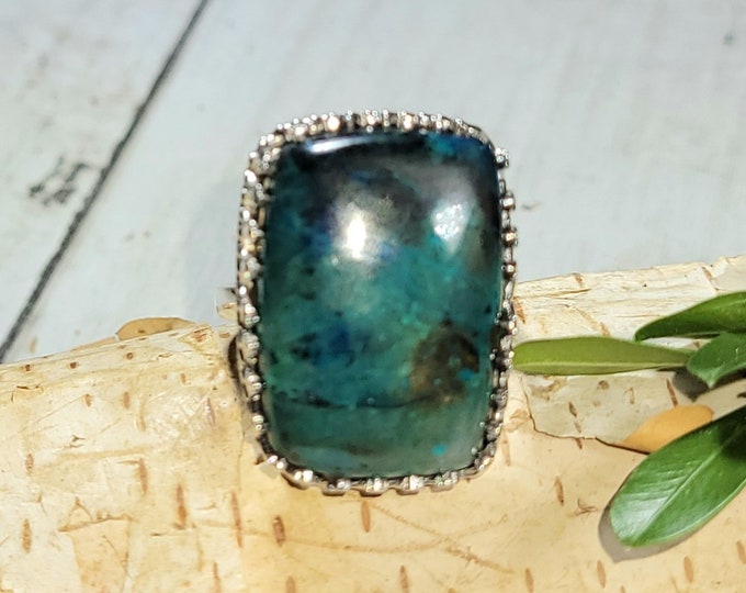 Natural Rare Shattuckite Handmade Rectangle .925 Crown Prong Sterling Silver Ring Size 7 8 Grams Face 1" x 3/4" CA06