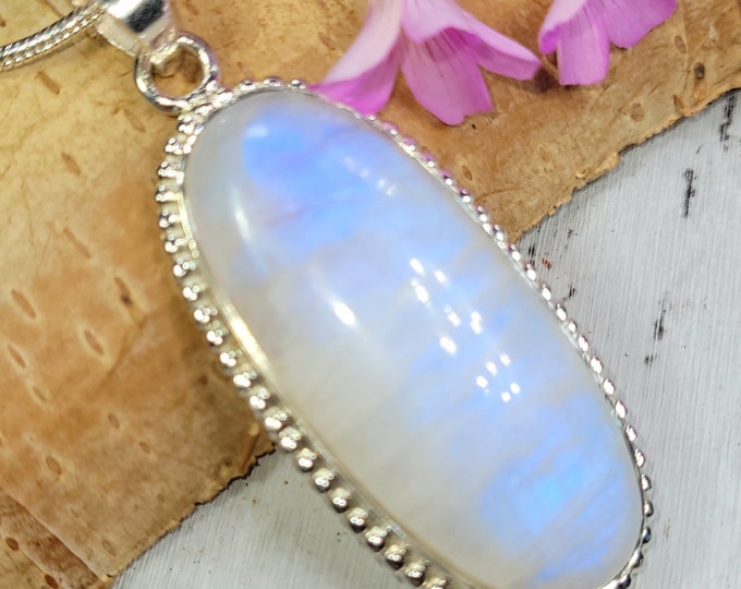 Moonstone Pendant, Blue Flash Moonstone Sterling Silver Pendant, Moonstone Oval Pendant, Handmade Pendant, Gift for Her, FG28