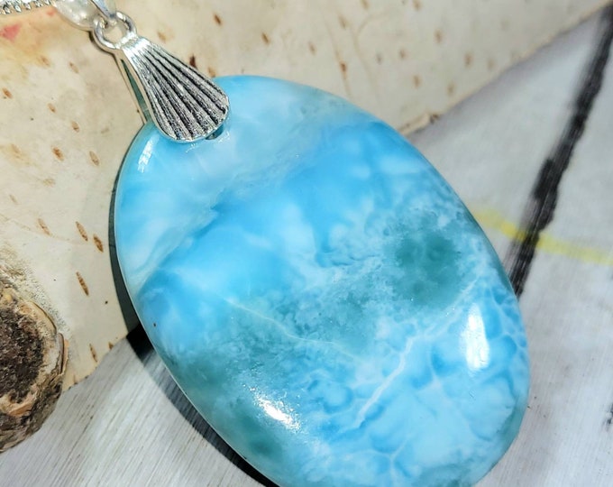 Natural High Grade Larimar Oval Cabochon .925 Sterling Silver Pendant 2 1/8" x 1 1/8" 13gr DA30. Heavy Duty Sterling Silver Designer Bail