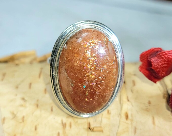 Sunstone Ring, Sunstone Sterling Silver Ring, Size 6.5 Natural Stone, Boho Ring, Statement Ring, Gift for Her CZ
