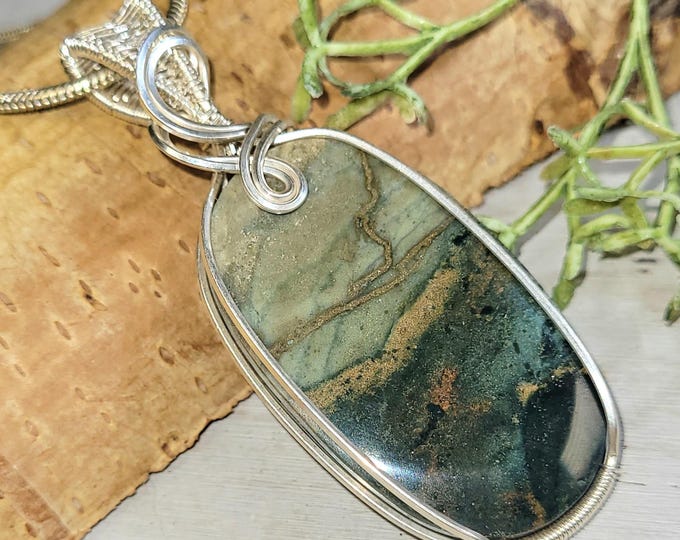 Oval Petrified Opalized Wood Wire Wrapped Sterling Silver Pendant, Handmade Opalized Wood Pendant, Statement Opalized Wood Pendant, HM12