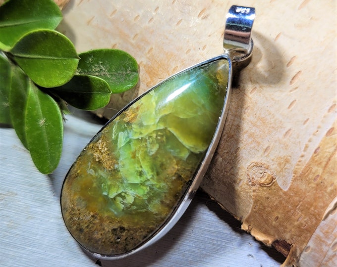 Natural Premium Grade Multi Color Opalized Wood Pear Handmade .925 Sterling Silver Pendant 2" x 3/4" 8 grams CO25