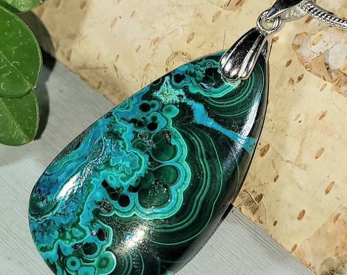 Natural AAA Grade Chrysocolla Malachite Cabochon .925 Sterling Silver Pendant 1 7/8" x 13/16" 9 Grams EY05 Sterling Silver Rhodium Bail