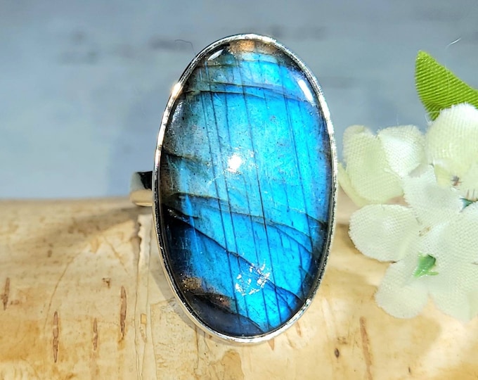 Labradorite Ring. Blue Labradorite Sterling Silver Ring Size 9 Handmade Ring, Statement Ring, Gift for Her DL