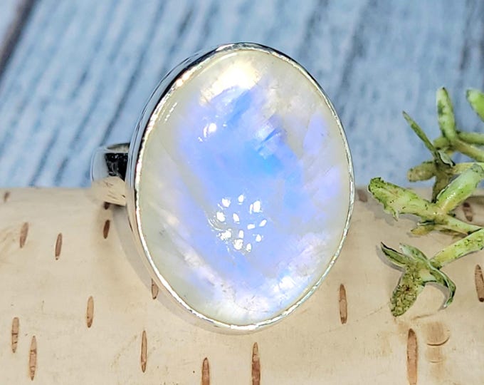 Blue Moonstone Ring, Moonstone Ring, Sterling Silver Moonstone Ring, Moonstone Ring Size 8, Statement Ring, Boho Ring, JC