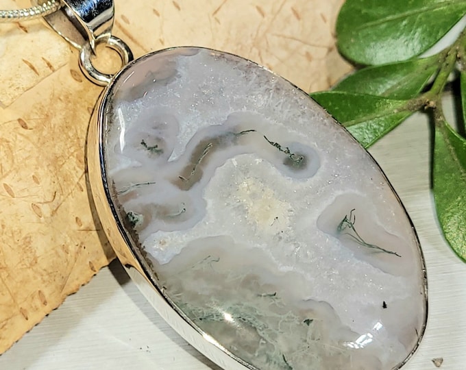 Natural Unique Look Moss Agate Oval Handmade .925 Sterling Silver Pendant 2" x 1" 12 Grams AS04