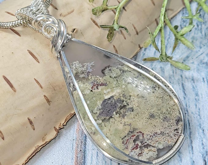 Moss Agate Pendant, Wire Wrapped Moss Agate Sterling Silver Pendant, Solid Sterling Wire wrapped, Gift for Her, Statement Pendant, JG13