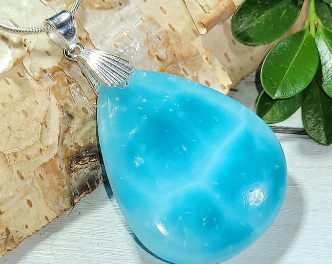 Natural AAA Rare Hemimorphite Pear Cabochon .925 Sterling Silver Pendant 2" x 1 1/4" 12 Grams 50ct AE22 Sterling Silver Designer Bail