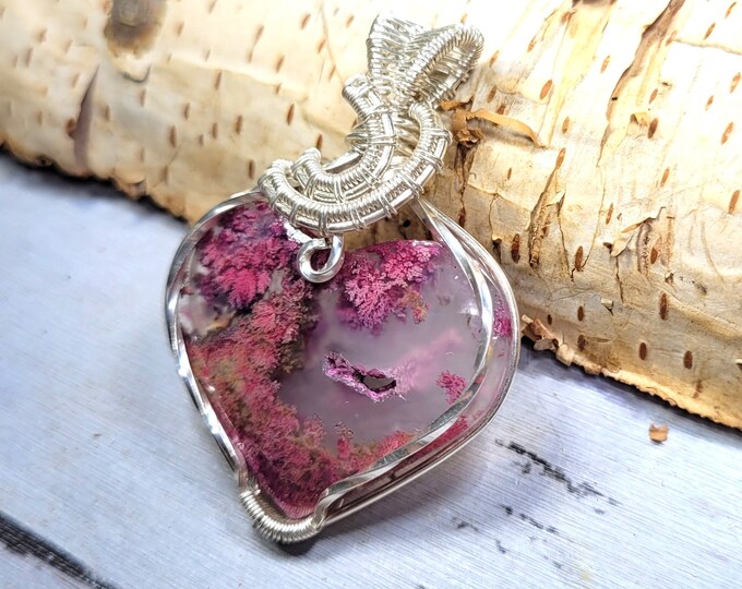 Purple, Pink Moss Agate Heart Pendant, Moss Agate Wire Wrapped Pendant, Moss Agate Pendant, Sterling Silver Wire Wrapped Pendant DP23 Gift