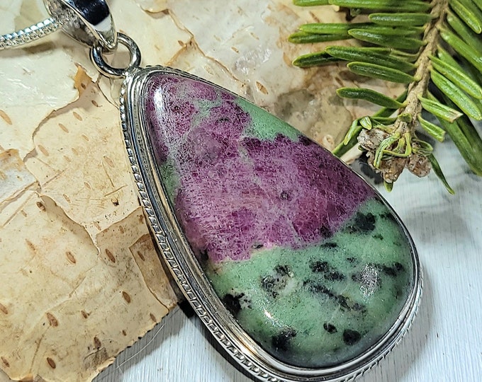 Natural High Grade Ruby Zoisite Handmade .925 Sterling Silver Pendant 2 3/16" x 1" 19 Grams AK33