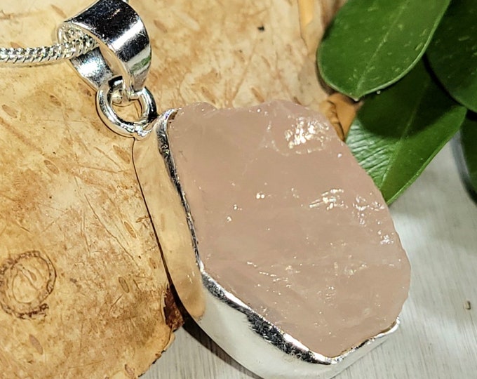 Natural Raw Rose Quartz Rough Cut Handcrafted .925 Sterling Silver Pendant Weighs 5 Grams Measures 1 1/4" X 1/2" CA21