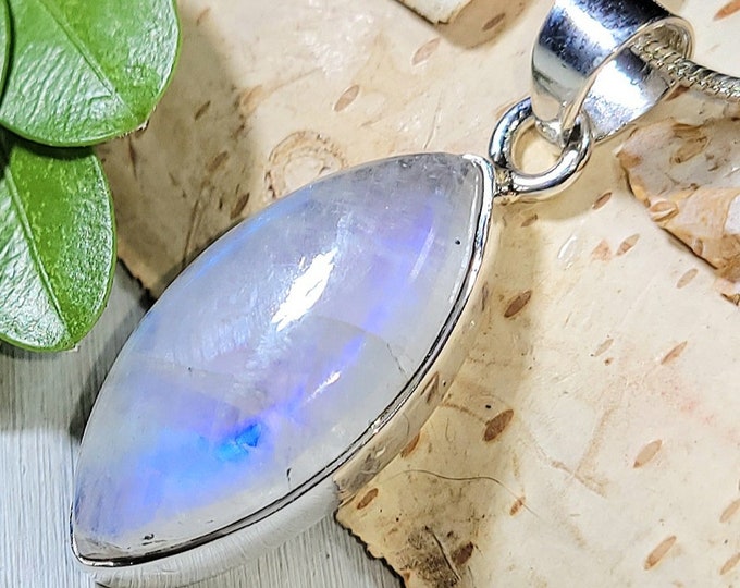 Natural Blue Flash Rainbow Moonstone .925 Sterling Silver Pendant 1 7/16" x 1/2" 4 Grams EX22