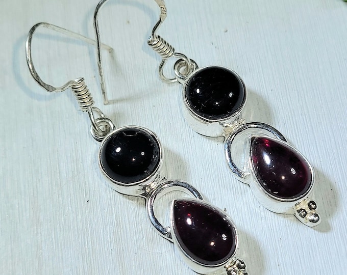 Natural Black Onyx & Rhodolite Garnet .925 Sterling Silver Earrings 6 Grams 1 3/4" x 3/8" P17