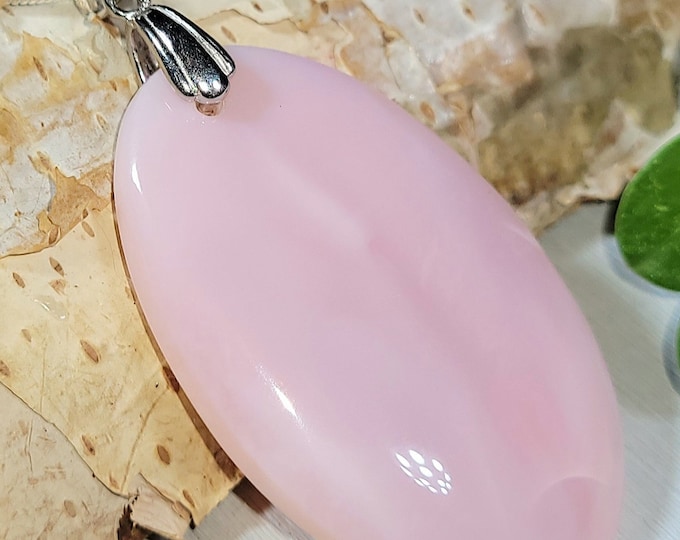 Natural High Grade Rare Peru Pink Opal Cabochon .925 Sterling Silver Pendant 2" x 1" EY03 Sterling Silver Rhodium Plated Bail
