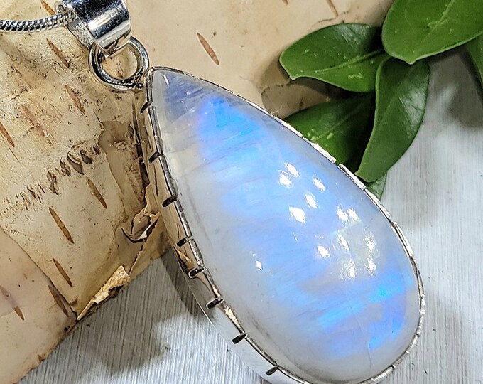 Natural AAA Grade Blue Flash Rainbow Moonstone .925 Sterling Silver Pendant Measures 1 3/4" x 3/4" Weighs 11 Grams AG66
