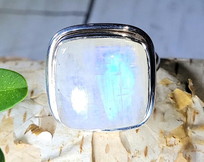 Natural High Grade Multi Flash Moonstone Square .925 Sterling Silver Ring Size 8.5 8 Grams 3/4" x 3/4/" EZ22