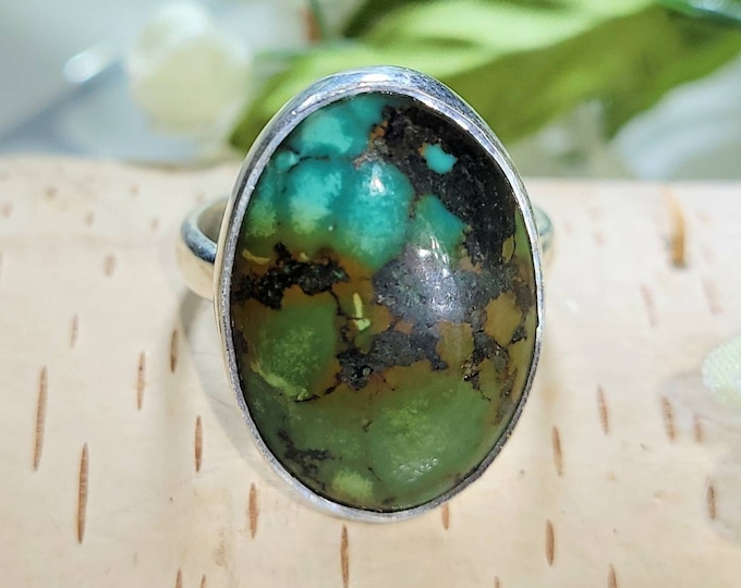 Natural Tibetan Turquoise Sterling Silver Ring, Boho Ring, Statement Ring; Handmade Ring, Premium Tibet Turquoise Ring Size 7.25 CZ