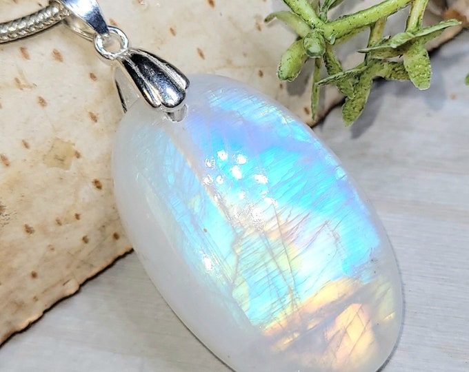 Moonstone Pendant, Rainbow Moonstone Oval Cabochon Sterling Silver Pendant, Multi Color Flash, Gift for Her, Handmade Pendant, GS05