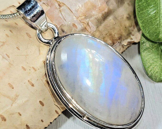 Natural Premium Grade Blue Flash Rainbow Moonstone .925 Sterling Silver Pendant 1 7/16" x 11/16" 7 Grams EX25