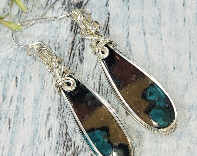 Blue Opalized Wood Earrings, Opalized Sterling Silver Wire Wrapped Earrings, Petrified Wood Earrings, Handmade Earrings, Gift for Her JG07