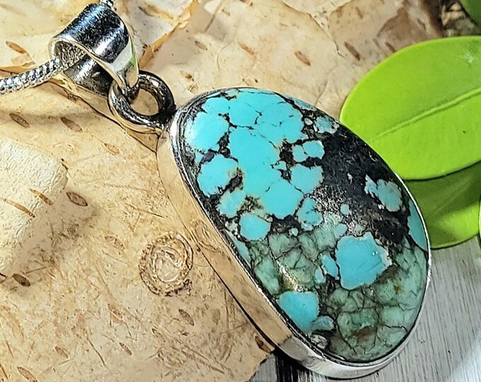 Natural Premium Grade Tibet Turquoise .925 Sterling Silver Pendant Weighs 4 Grams Measures 1 5/16" x 3/8" AH18