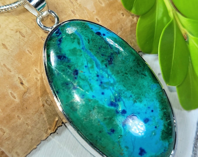 Chrysocolla Azurite Sterling Silver Pendant, Handmade Chrysocolla Azurite Pendant, Statement Pendant, Gift for Her, Handmade Pendant, FF29