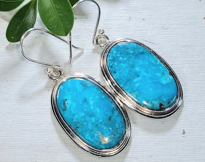 Natural Premium AAA Grade Arizona Kingman Oval Turquoise Handmade .925 Sterling Silver Earrings 10 Grams 1 3/4" x 11/16" Gift for Her
