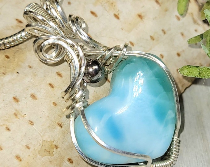 Larimar Pendant, Larimar Hand Wrapped Sterling Silver Pendant, Larimar Heart Sterling Silver Pendant, Statement Pendant, Gift for Her, HC34