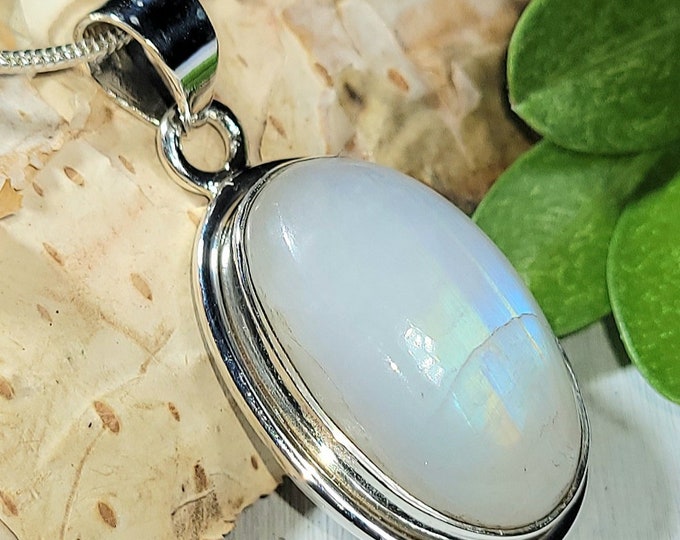 Natural Blue Flash Rainbow Moonstone Oval Handmade .925 Sterling Silver Pendant 1 3/8" x 11/16" 6 Grams EX10