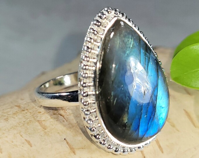 Natural Premium Grade Blue Flash Pear Labradorite Handmade .925 Sterling Silver Ring Size 8.5 Genuine Blue Lab Gift for Her