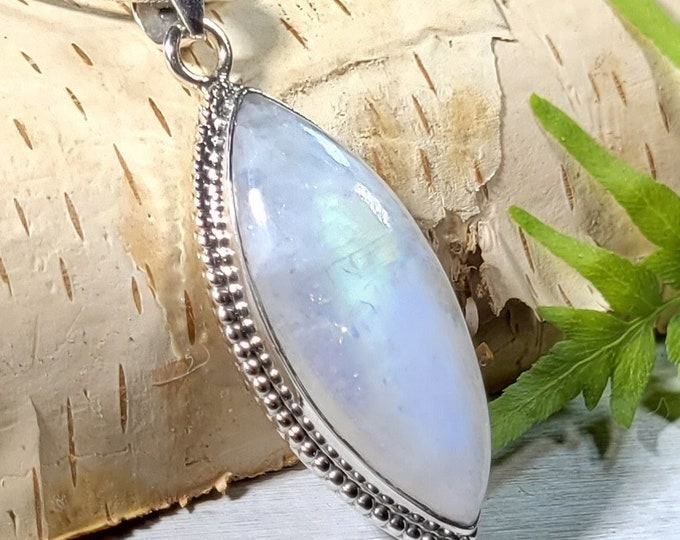 Natural High Grade Blue Flash Rainbow Moonstone .925 Sterling Silver Pendant Measures 1 7/8" x 3/4" Weighs 10 Grams AG63