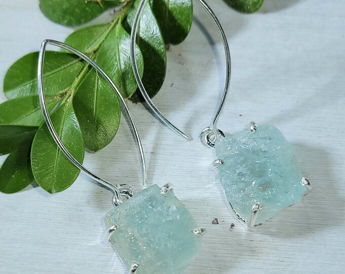 Natural Raw Rough Cut Aquamarine .925 Sterling Silver Designer Earrings Marquise Shape Ear Wire Gift for Her Genuine Aquamarine