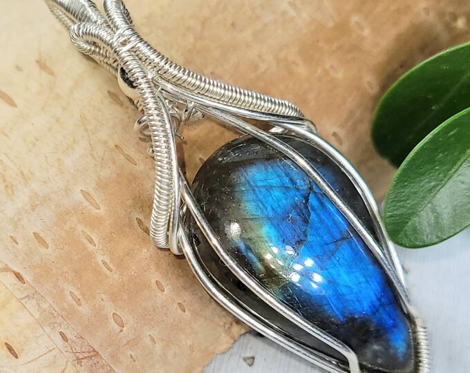 Blue Labradorite Wire Wrapped Pendant, Handmade Labradorite Pendant, Sterling Silver Blue Labradorite Pendant,  .925 Wire Wrapped Pendant DU