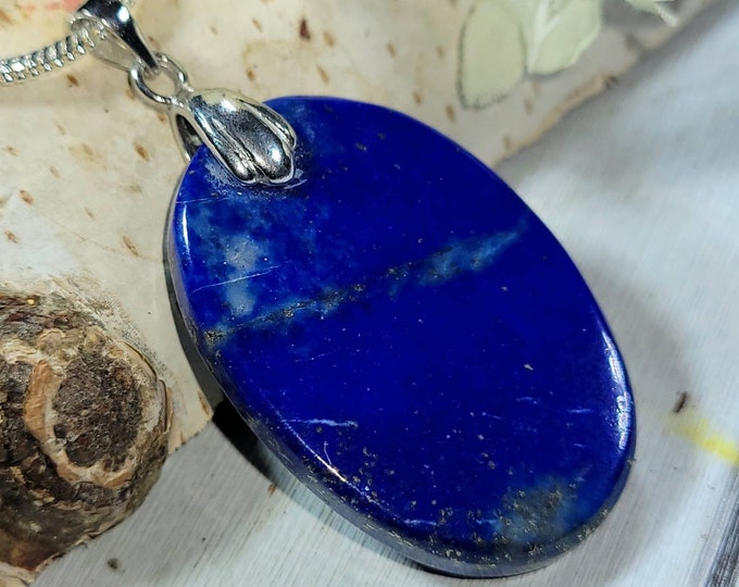 Natural Premium Lapis Lazuli Oval Cabochon .925 Sterling Silver Pendant 1 7/8" x 1" DA28 Rhodium Plated Solid Silver Bail Gift for Her