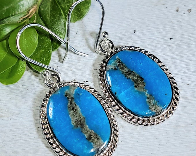 Natural Premium Grade Arizona Kingman Turquoise Oval Handmade .925 Sterling Silver Earrings 7 Grams 1 5/8" x 11/16" CF16