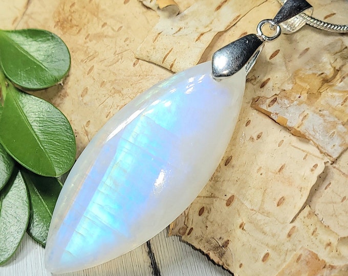 Natural AAA Full Flash Moonstone Marquise Cabochon .925 Sterling Silver Pendant 2 1/8" x 5/8" AE10 Custom Fit Sterling Silver Bail