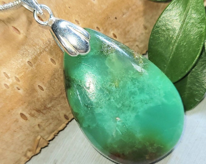 Bio Chrysoprase Pendant, Bio Chrysoprase Sterling Silver Pendant, Handmade Pear Chrysoprase Pendant, Gift for Her, Statement Pendant, FN13