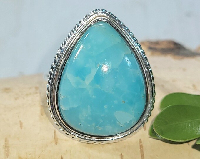 Natural High Grade Hemimorphite Pear Handmade .925 Sterling Silver Ring Size 7.5 Vibrant Blue Best Grade Hemimorphite Gift for Her