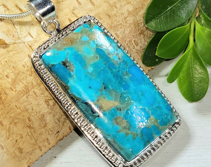 Natural High Grade Arizona Kingman Turquoise Rectangle  Handmade .925 Sterling Silver Pendant measures 1 7/8" x 7/8" weighs 13 grams CE10
