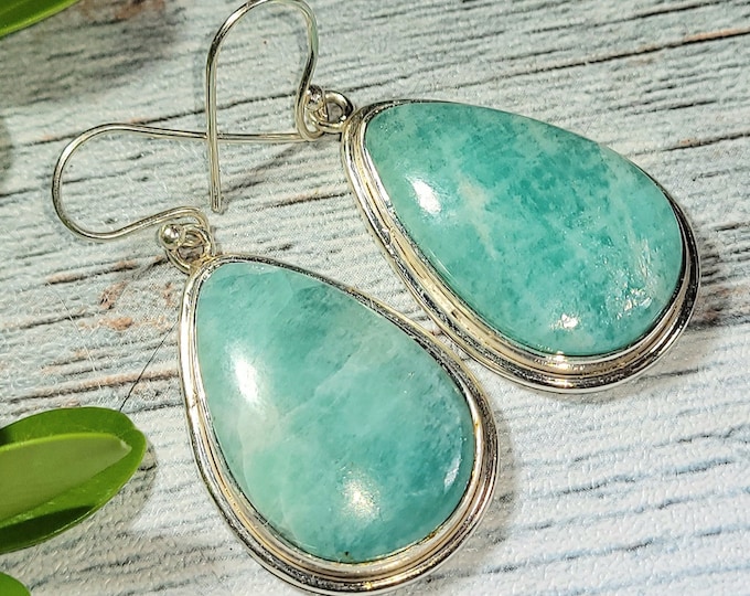 Natural Premium Quality Amazonite .925 Sterling Silver Dangle Earrings 16 Grams 1 3/4" x 7/8" EL17