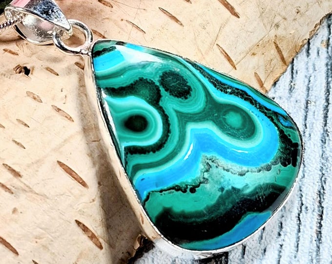 Chrysocolla Malachite Sterling Silver Pendant: Chrysocolla Malachite Handmade Pendant; Statement Jewelry, KC01