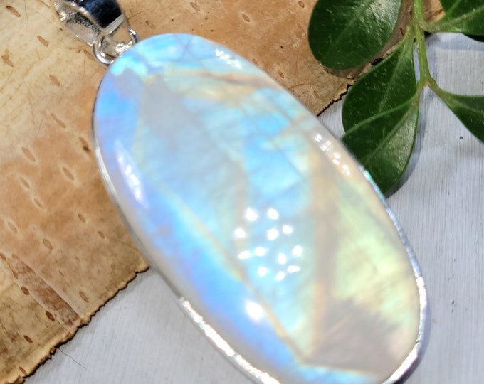 Moonstone Pendant, Rainbow Moonstone Sterling Silver Pendant, Premium Grade Moonstone Pendant, Gift for Her, Statement Pendant, FB02