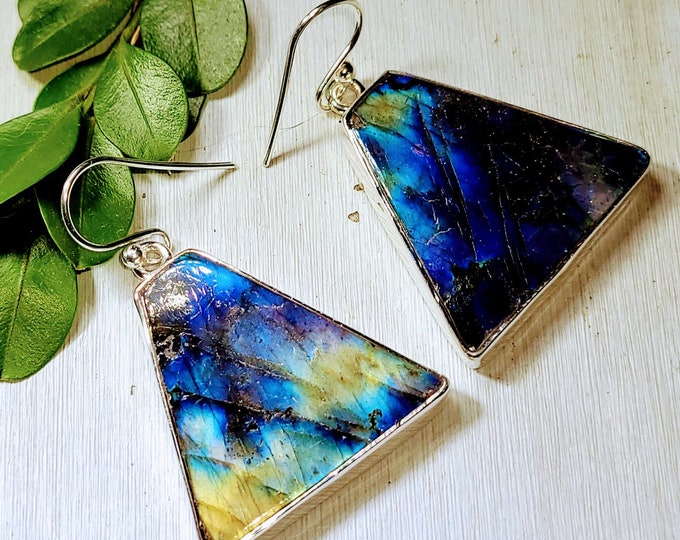 Natural Multi Color Flash Labradorite Handmade .925 Sterling Silver Earrings 12 Grams 1 9/16" x 1" AP31