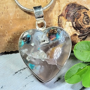 Chalcedony, Chrysocolla, Native Copper Pendant, Chrysocolla Copper Heart, Chalcedony Pendant, Statement Pendant, Gift for Her, FK02